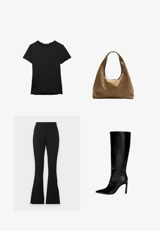 Crna majica kratkih rukava od glatkog materijala. Ima okrugli izrez i opušteni kroj s ravnim rubom.; Crne široke hlače izrađene od glatkog, rastezljivog materijala. Imaju bočne proreze na rubu za dodatne detalje. Klasičan dizajn i svestran kroj.; Čizme od crne kože do koljena s šiljastim vrhom, visokim štiklama, glatkom finišom i jednostavnim, elegantnim dizajnom bez ukrasa.; Smeđa platnena torba za rame s širokim, zaobljenim tijelom i velikim izrezanim drškom. Mekana tekstura, minimalistički dizajn i bez vidljivog hardvera.