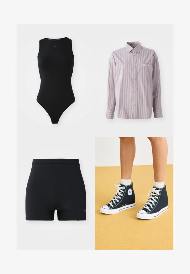 Maiô preto sem mangas com um design elegante, gola alta e logótipo da Nike no peito. Feito de um tecido liso e elástico.; Camisa abotoada em lavanda com riscas verticais em cinza escuro. Apresenta um pequeno bolso no peito e um logotipo bordado no lado esquerdo.; Calções de desporto pretos feitos de um material liso e elástico, com uma cintura de altura média e um pequeno logótipo da Nike do lado esquerdo.; Sapatilhas altas em lona azul escura com solas de borracha brancas, atacadores e detalhes em branco. Apresenta um logo circular e costuras brancas.