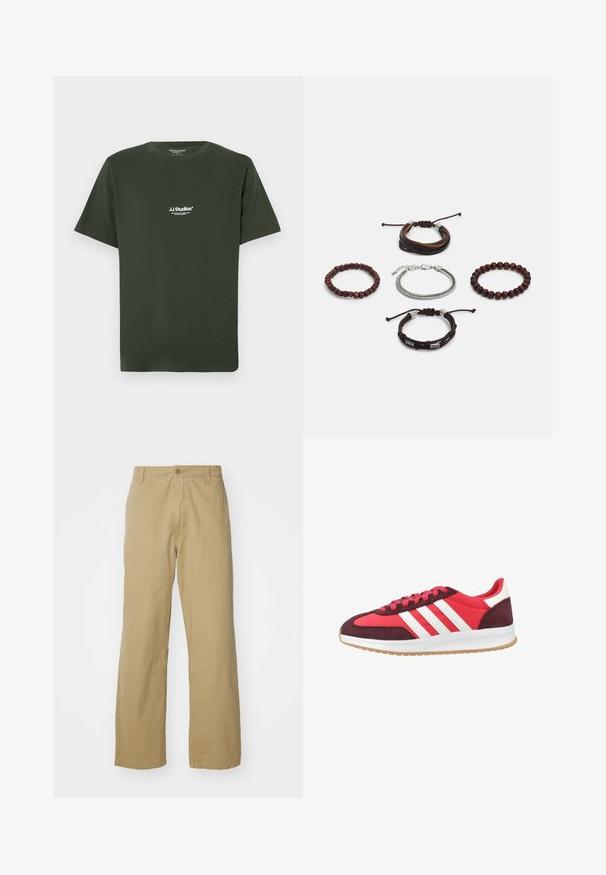 Dark green cotton t-shirt with short sleeves, crew neck, features white "JJ Studios" logo on the chest. Smooth texture, casual design.; Khaki cotton trousers with a straight-leg design, featuring a front button closure and side pockets. Smooth, sturdy texture.; Red and maroon athletic shoes with white stripes, a suede and synthetic upper, cushioned sole, and textured rubber outsole.; Set of five bracelets featuring brown leather, wooden beads, and a silver chain; varying textures and shapes, with adjustable closures.