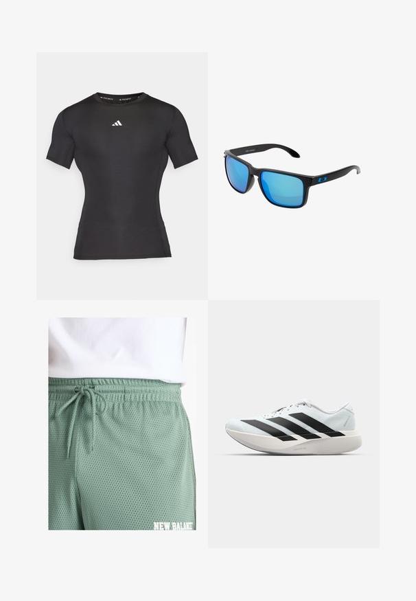 Črna športna majica s kratkimi rokavi iz gladkega, raztegljivega materiala. Ima bel logo na prsih in prilegajoč dizajn.; Svetlozelene mrežaste šortse z elastičnim pasom in vezalko. Imajo majhne perforacije za zračnost in podrobnost z belim logotipom.; Lahki tekaški čevlji v svetlo modri barvi z belimi črtami. Imajo gladek zgornji del, okroglo kapico in debel bel srednji podplat z označbo "LIGHTSTRIKE PRO."; Stilske črne sončne očala z modrimi zrcalnimi lečami, kvadratnimi okvirji in modrim poudarkom na templju. Narejena iz lahkega plastičnega materiala.