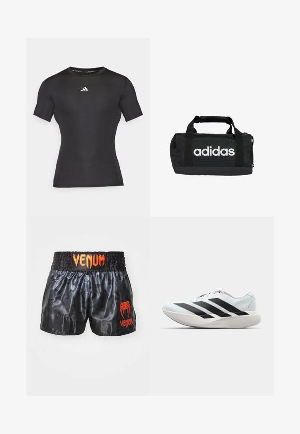 Čierne športové tričko s krátkym rukávom vyrobené z hladkej, elastickej látky. Má biele logo na hrudi a priliehavý strih.; Čierne saténové boxerské šortky s kamuflážnym vzorom, s elastickým pásom a jasne oranžovým logo "VENUM" na prednej strane.; Ľahké bežecké topánky v svetlomodrej farbe s čiernymi pruhmi. Majú hladký zvršok, okrúle špičky a hrubú bielu medzipodrážku označenú "LIGHTSTRIKE PRO."; Čierna cestovná taška s bielym logom Adidas, vyrobená z odolného materiálu. Obsahuje dve rukoväte a zipsové uzatvorenie. Textúrovaný povrch s vystuženým dnom.