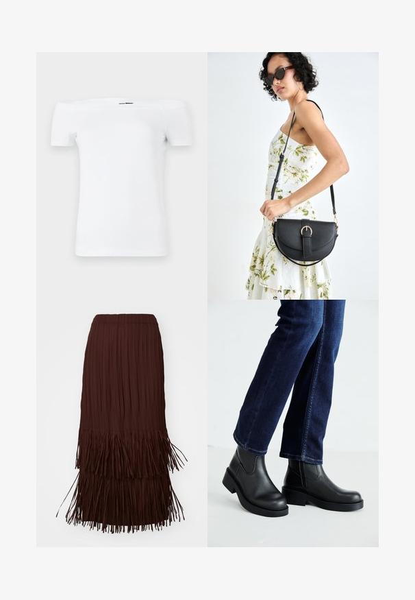Bílá off-shoulder tričko s krátkým rukávem vyrobené z měkkého bavlněného materiálu, s přiléhavým střihem a rovnou spodní lemovkou.; Hnědá plisovaná midi sukně se strukturovaným třásněmi na spodním lemu, s elastickým páskem a volným, splývavým materiálem.; Černé kožené kotníkové boty s robustní podrážkou a elastickými bočními panely, v kombinaci s tmavomodrými džíny. Půda je světlé barvy.; Černá kožená kabelka s křivkovým tvarem, odnímatelným popruhem a zlatými detaily. Kabelka má klopu s přezkou.
