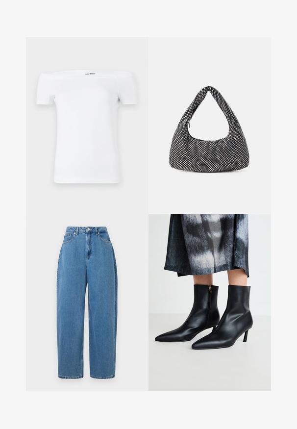 Valkoinen olkapäältä avattava t-paita lyhyillä hihoilla, joka on valmistettu pehmeästä puuvillamateriaalista. Paita on vartalonmyötäinen ja siinä on suora alareuna.; Vaaleansininen farkkuhousut suoralinjaisella mallilla, korkealla vyötäröllä ja etunappikiinnityksellä. Varustettu viidellä taskulla ja vähäisillä tikkausompeluksilla.; Mustat nahkakengät nilkkamittaisella varrella, teräväkärkiset ja vetoketjukiinnityksellä sivussa, joissa on kapeneva kantapää. Sileä pinta ja tyylikäs muotoilu.; Musta laukku kaarevalla, hobo-muotoisella siluetilla, teksturoitu kangas, jossa on hopeisia niittejä. Yksi pääkahva, vetoketjukiinnitys ja pehmeä siluetti.