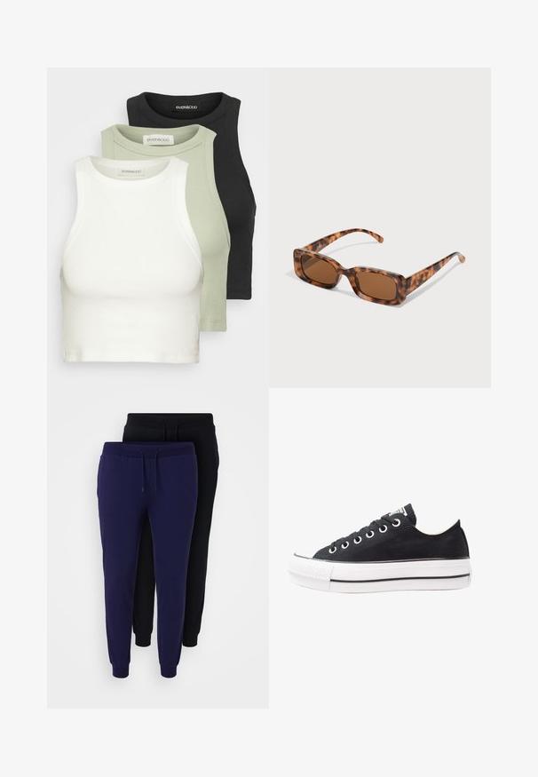 Sada tří žebrovaných crop topů v bílé, světle zelené a černé barvě. Každý z nich má kulatý výstřih a bezrukávový design. Měkký bavlněný materiál.; Even&Odd Curvy 2 PACK - Teplákové kalhoty - black/blue; Černé plátěné tenisky s bílou gumovou podrážkou, kulatou špičkou, nízkým střihem, kovovými očky a texturovaným krytem špičky. Tenký černý pruh podél podrážky.; Kočičí brýle se želvovinovým vzorem, obdélníkové hnědé čočky, silný rám a úzké nožičky s různými odstíny hnědé.