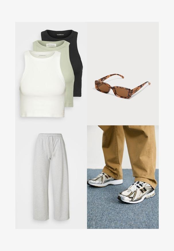 Sada troch ribovaných crop topov v bielej, svetlozelenej a čiernej farbe. Každý má okrúhly výstrih a bezrukávový dizajn. Mäkký bavlnený materiál.; Even&Odd Petite Tepláky - mottled light grey; Biele a strieborné tenisky New Balance s čiernymi akcentmi a šnúrkami, s priedušným vrchom, polstrovanou podrážkou a dynamickým dizajnom.; Rámik slnečných okuliarov z korytnačiny s obdĺžnikovými hnedými sklami, hrubým rámom a štíhlymi stranicami so vzorom rôznych odtieňov hnedej.; Strieborné kruhové náušnice so vzorom mašle, s hladkým povrchom a leštenou textúrou. Kompaktne, minimalistický štýl vhodný na rôzne príležitosti.