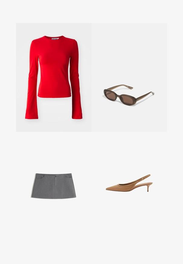 Červený dlhý rukáv top vyrobený z hladkej, elastickej látky. Má okrúhly výstrih a priliehavý strih. Jednoduchý dizajn bez vzorov alebo akcentov.; Sivá sukňa s rovnými strihom, dvoma prednými vreckami, predným zapínaním na gombík a jemným textúrovým vzorom.; Kozmetické hnedé kabelkové topánky s otvorenou pätou, so špicatou špičkou, malým stiletto podpätkom a dekoratívnym výrezom s radom ozdobných cvočkov.; Hnedé oválne slnečné okuliare s tmavými sklami. Rám je vyrobený z priesvitného hnedého materiálu a na spánkoch má vytlačené logo.; Svetlohnedá semišová kabelka s dvoma dlhými rúčkami, obdĺžnikovým tvarom a dekoratívnym prešívaním. Obsahuje bočný popruh a jemné zlaté kovové doplnky.; Stradivarius SET - Náramok - dark brown