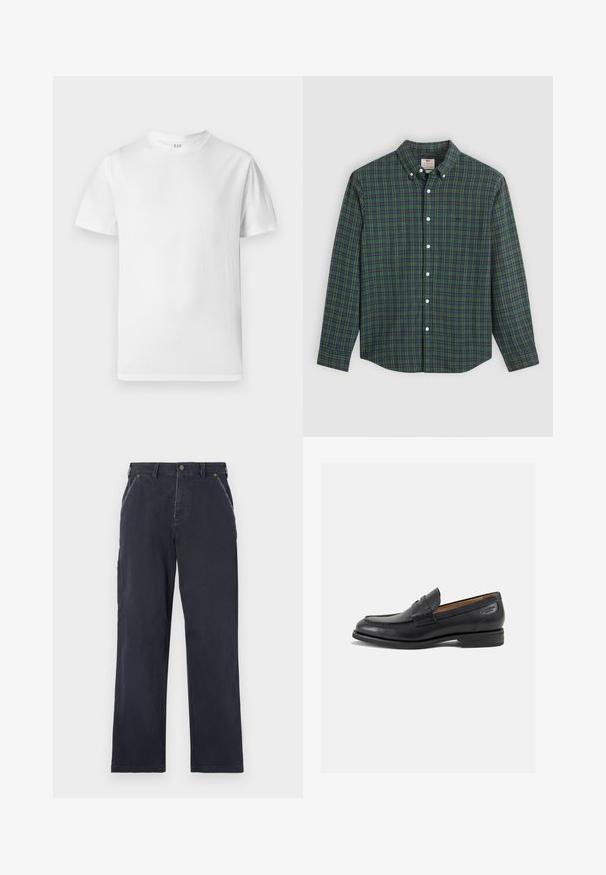Bijela kratka majica s kratkim rukavima od mekog pamuka. Ima okrugli izrez i ravni rub s minimalnim detaljima.; Košulja s dugim rukavima, s uzorkom karirane zelene, plave i žute boje, bijelim gumbima i zakopčanim ovratnikom.; Tamno plave pamučne hlače s ravnim krojem. Imaju prednje džepove, kopčanje na dugme i vidljive detalje šivanja.; Crne kožne loferice s glatkom površinom, zaobljenim vrhom i dekorativnim šavom na gornjem dijelu. Nizak potplat s malim potpeticama i blagi sjaj.