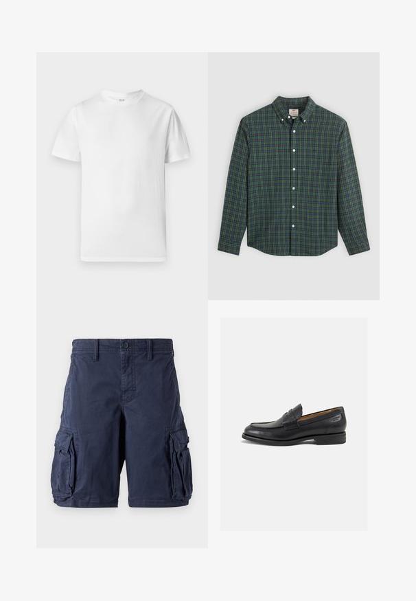 Valkoinen lyhythihainen t-paita, joka on valmistettu pehmeästä puuvillasta. Siinä on pyöreä pääntie ja suora helma, jossa on minimaalista yksityiskohtaa.; Pitkähihaista nappipaitaa, jossa on vihreä, sininen ja keltainen ruudullinen kuvio, valkoiset napit ja napitettava kaulus.; Tummansinisiä cargo-shortsit, jotka on valmistettu puuvillasta. Niissä on useita sivutaskuja, nappikiinnitys ja rento malli. Sujuva pinta ja kestävä muotoilu.; Mustat nahkaloaferit, joissa on sileä pinta, pyöreä varvas ja koristeompeleet varpaansuojassa. Matala pinottu korko ja hieno kiilto.
