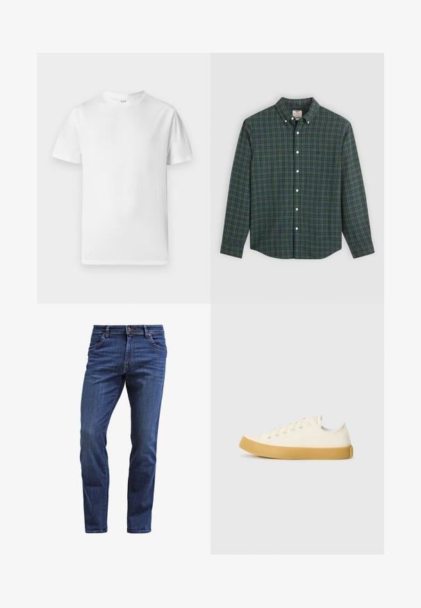 Valge lühikeste varrukatega T-särk, mis on valmistatud pehmest puuvillast. Omab ümmargust kaelust ja sirget äärt, millel on minimaalne detailitunne.; Pikend varrukatega nööbiga särk rohelise, sinise ja kollase ruudulise mustriga, valged nööbid ja nööbitud krae.; Tumed sinised teksad sirge lõikega, viie taskuga, nööbiga sulgemine ja kerged kulumised reite kohal.; Kangasneakerid kreemjas valges, ümmarguse varbaga, beeži kummitaldaga ja viie silmaga paelte jaoks, tekstuurse viimistlusega ülaserv.