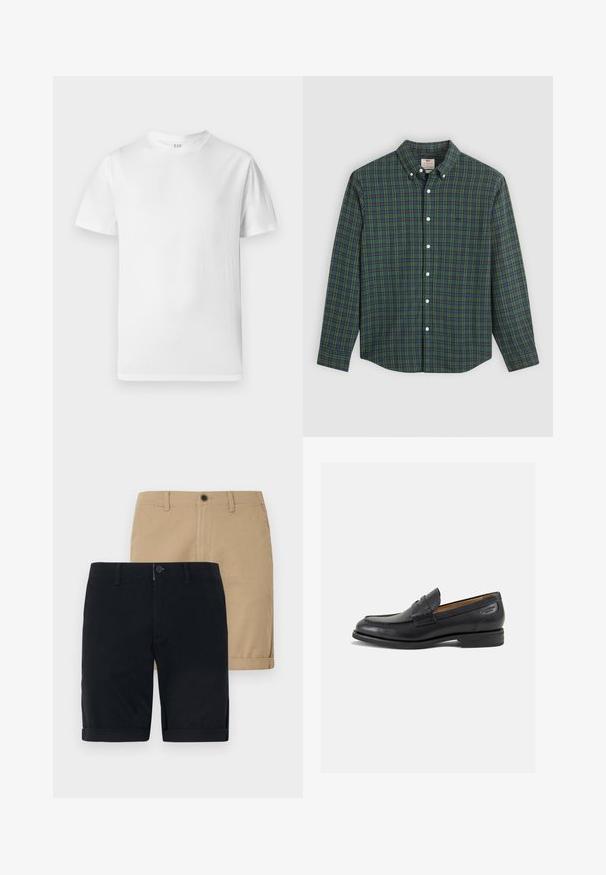 Hvit kortermet t-skjorte laget av myk bomull. Har rund hals og rett hem med minimal dekor.; Langermet skjorte med knappestolpe, i grønn, blå og gul rutete mønster, hvite knapper og krage med knapper.; To par shorts: en marineblå og en khaki. Begge er laget av bomull, har flat front, oppbrettbar kant og knappelukk.; Sorte lær loafers med en glat overflade, rund tå og dekorativ syning på forfoden. Lav stablet hæl og let glans.