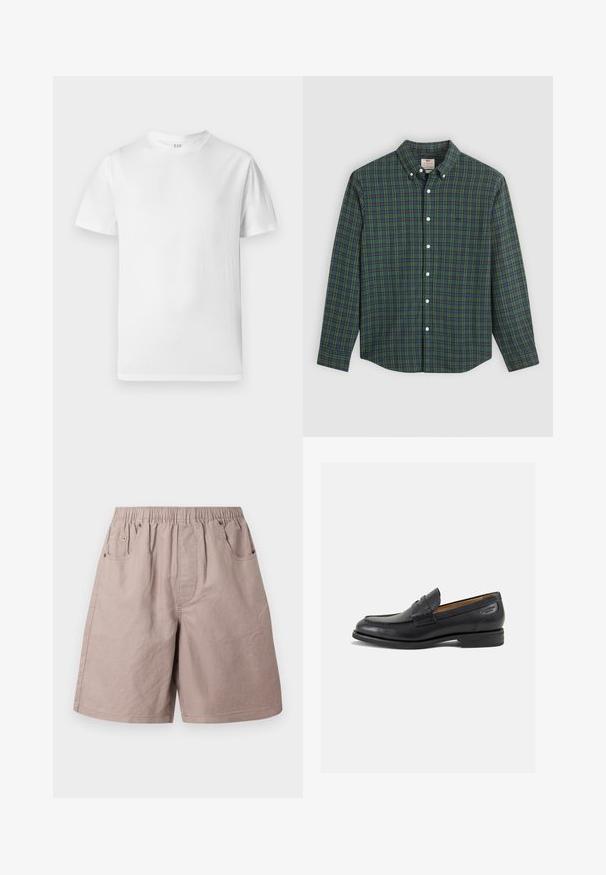 Baltās īsām piedurknēm T-krekls, izgatavots no mīksta kokvilnas. Tam ir apaļa kakla izgriezums un taisna apmale ar minimāliem dekoratīviem elementiem.; Ilgi piedurkņu pogu krekli ar zaļu, zilu un dzeltenu svītru rakstu, baltām pogām un pogājamu apkakli.; Beige kokvilnas šorti ar elastīgu jostu, divām sānu kabatām un smalkām vīlēm. Gluda tekstūra, līdz ceļiem garums.; Melnas ādas loafers ar gludu apdari, noapaļotu purngalu un dekoratīvām šuvēm uz virsu. Zems, sakrauta papēža un neliels spīdums.