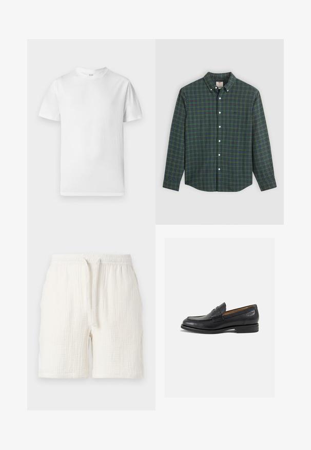 Tricou alb cu mânecă scurtă, confecționat din bumbac moale. Are un guler rotund și un tiv drept, cu detalii minime.; Cămașă cu mânecă lungă, cu nasturi, cu un model tartan verde, albastru și galben, nasturi albi și guler cu nasturi.; Șorturi ușoare din bumbac alb, cu talie elastică și șnur, având o textură șifonată și o croială lejeră.; Mocasini din piele neagră cu o finisare netedă, vârf rotund și cusături decorative pe partea superioară. Toc mic și stivuit, cu o ușoară strălucire.