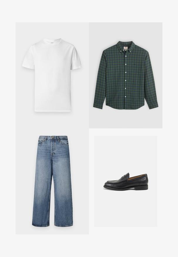 Camiseta blanca de manga corta, hecha de algodón suave. Presenta un cuello redondo y un dobladillo recto con un detalle mínimo.; Camisa de manga larga abotonada con un patrón de cuadros en verde, azul y amarillo, botones blancos y un cuello abotonado.; Jeans de denim azul de pierna ancha con un lavado descolorido, diseño de cinco bolsillos y cierre de botón. Equipados con trabillas y detalles de costura.; Mocasines de cuero negro con un acabado suave, punta redondeada y costuras decorativas en la parte superior. Tacón bajo apilado y un ligero brillo.