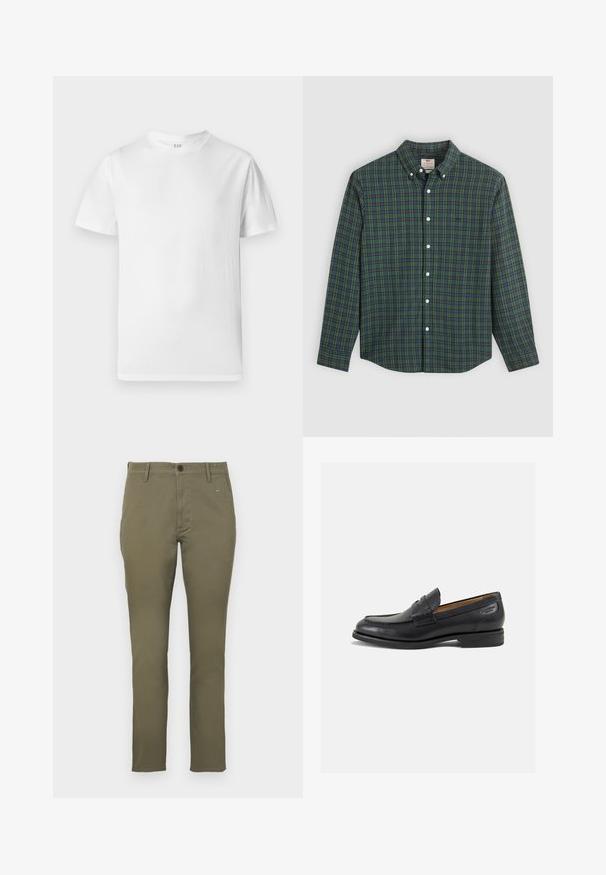 Bijela kratka majica s kratkim rukavima od mekog pamuka. Ima okrugli izrez i ravni rub s minimalnim detaljima.; Košulja s dugim rukavima, s uzorkom karirane zelene, plave i žute boje, bijelim gumbima i zakopčanim ovratnikom.; Maslinasto zelena, uska chinos hlače od pamuka s glatkom teksturom. Imaju kopčanje na dugme i četiri džepa. Jednostavan, minimalistički dizajn.; Crne kožne loferice s glatkom površinom, zaobljenim vrhom i dekorativnim šavom na gornjem dijelu. Nizak potplat s malim potpeticama i blagi sjaj.