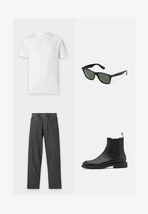 Λευκό κοντομάνικο μπλουζάκι από μαλακό βαμβάκι. Διαθέτει στρογγυλή λαιμόκοψη και ίσιο στρίφωμα με ελάχιστες λεπτομέρειες.; Μαύρα τζιν παντελόνια με ίσια γραμμή, πέντε τσέπες και διακριτική αραίωση. Διαθέτουν κλείσιμο με κουμπί και βρόχους για ζώνη.; Μαύρο δερμάτινο μποτάκι αστραγάλου με λεία υφή, ελαστικές πλευρικές πάνελ και λαβή. Στρογγυλή μύτη και επίπεδη ελαστική σόλα με ελάχιστο προφίλ.; Μαύρα πλαστικά γυαλιά ηλίου με πράσινους φακούς, τετράγωνα σκελετά, ασημένια λεπτομέρεια στη ράχη και υφασμένες βραχίονες. Δηλωμένη μάρκα στον εσωτερικό βραχίονα.
