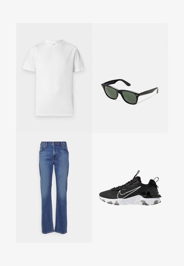 Vit kortärmad t-shirt tillverkad av mjuk bomull. Har en rund halsringning och en rak fåll med minimal detaljering.; Blå denimjeans med rak passform, med knappstängning, klassisk femficksdesign och lätt blekning vid knäna.; Svart sportskor med övre del i texturerad tyg, vit Nike-swoosh och tjock vit sula. Har en dragflik på hälen för enkel påtagning.; Svarta plastsolglasögon med gröna linser, fyrkantiga bågar, silverdetalj på ögonbrynet och texturerade skalmar. Angiven märkning på den inre skalmen.