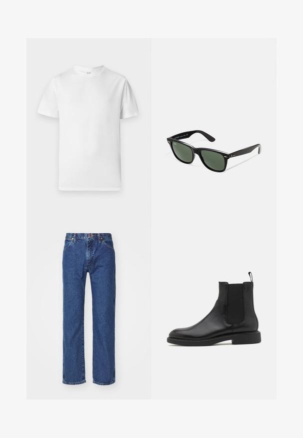 Biała koszulka z krótkim rękawem, wykonana z miękkiej bawełny. Posiada okrągły dekolt i prosty dół z minimalnymi detalami.; Proste niebieskie dżinsy z nogawkami, z przodu zapinane na guzik i zamek, z paskiem oraz pięcioma kieszeniami, na plain białym tle.; Czarny skórzany botek za kostkę o gładkiej fakturze, z elastycznymi bocznymi panelami i pętelką do zakupu. Okrągły nosek i płaska gumowa podeszwa z minimalnym bieżnikiem.; Czarne plastikowe okulary przeciwsłoneczne z zielonymi szkłami, kwadratowe oprawki, srebrny akcent na brwi oraz fakturowane ramiona temple. Nazwa marki podana na wewnętrznej stronie ramion.