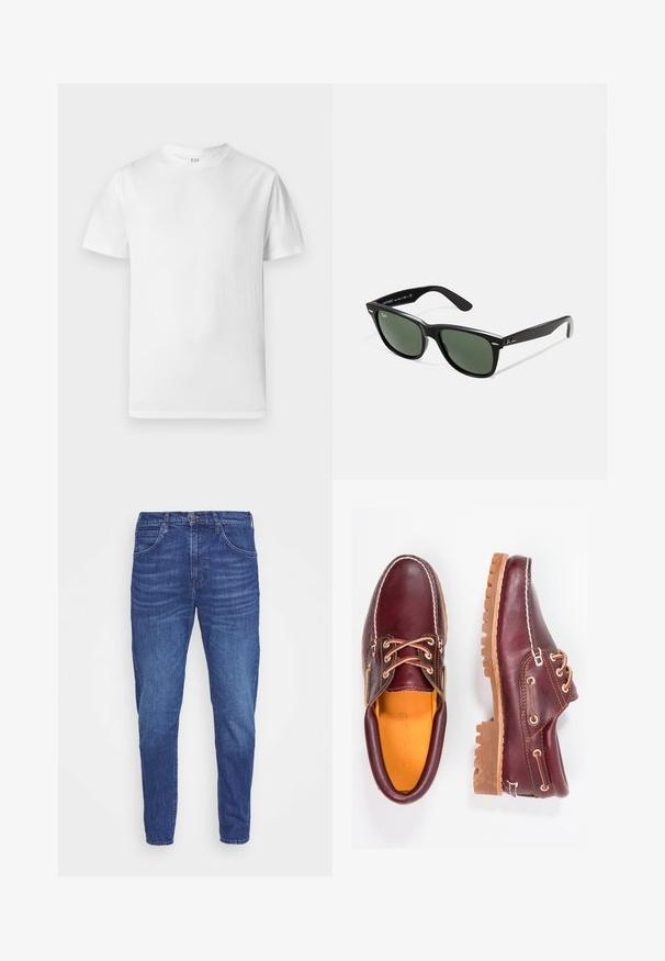 White short-sleeve t-shirt made of soft cotton. Features a round neckline and a straight hem with minimal detailing.; Dark blue denim jeans with a tapered fit, featuring five pockets, a button closure, and subtle fading on the thighs. Smooth texture.; Burgundy leather shoes with brown rubber soles, round toe, white stitching, and gold eyelets. Interior features a yellow lining.; Black plastic sunglasses with green lenses, square frames, silver accent on the brow, and textured temple arms. Stated brand on inner arm.
