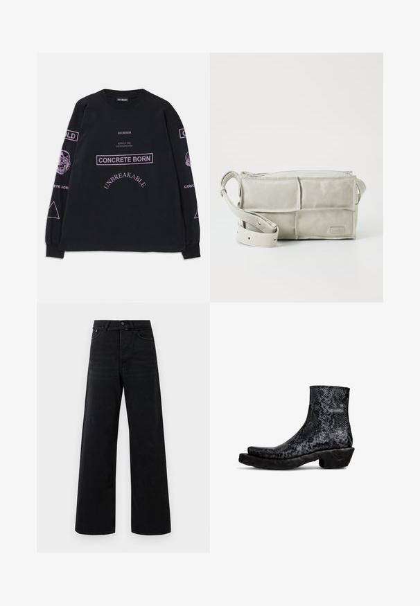 Musta pitkähihaisa paita, jossa on violettia tekstiä, kuten "CONCRETE BORN", "UNBREAKABLE" ja kuvitetut kasvot hihoissa.; Mustat korkeavyötäröiset leveät farkut, joissa on etupainike, vetoketju, vyölenkit ja klassinen viisi-tasku muotoilu.; Musta python-kuvioinen nilkkapohjallinen saappaat, joissa on teksturoitu päällinen ja chunky-mustat kumi-pohjat. Ominaisuuksiin kuuluu pyöristetty varvas ja matala varsi.; MM6 Maison Margiela TOP HANDLE MINI BAG UNISEX - Olkalaukku - vaporous grey