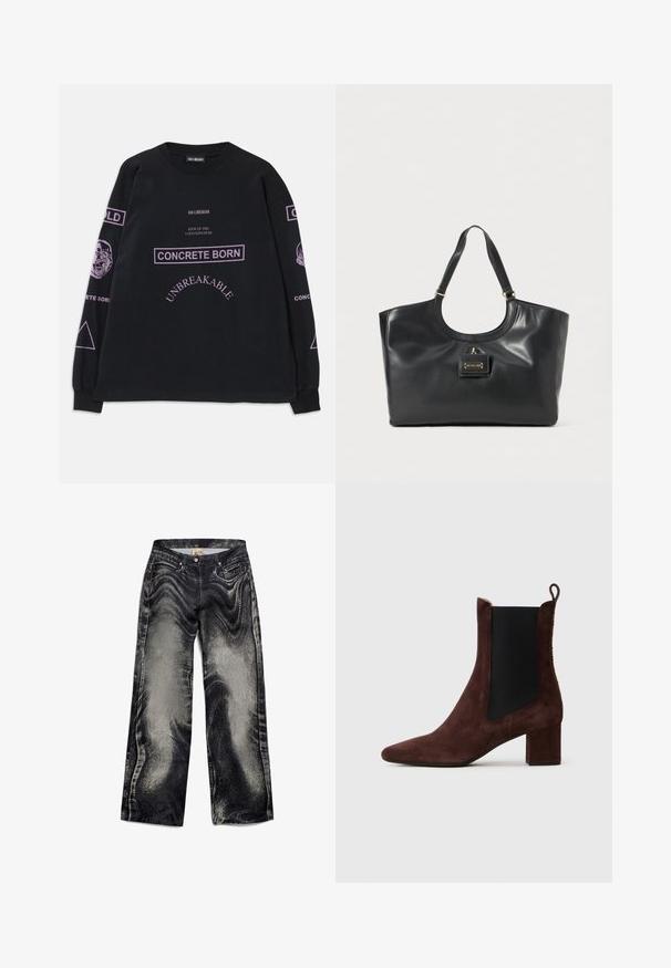 Camisa de manga larga negra con texto morado que incluye "CONCRETE BORN", "UNBREAKABLE" y rostros ilustrados en las mangas.; Jeans de mezclilla ancha negra con un patrón texturizado y desvanecido, que cuentan con cinco bolsillos y un cierre de botón. Tejido suave con un acabado ligeramente brillante.; Bota de tobillo de ante marrón oscuro con tacón cuadrado, panel lateral elástico negro y tirador en la parte trasera sobre un fondo claro.; Bolso tote de cuero negro con acabado brillante, parte superior curva, dos asas para el hombro y un detalle en tono dorado en la parte frontal.