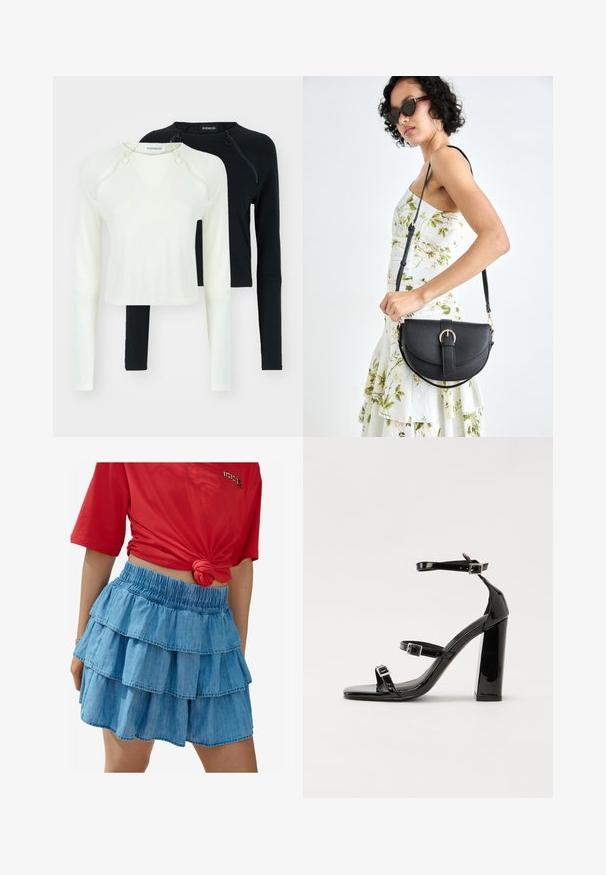 Zwei Langarmoberteile, eines in Weiß und eines in Schwarz. Beide verfügen über runde Ausschnitte und dekorative Reißverschlüsse an der Schulter. Glattes Material.; Helleblaue Jeansrock mit drei Lagen Rüschen, ausgestattet mit einem elastischen Bund und einer glatten Textur. Kombiniert mit einem roten kurzärmeligen Shirt.; Schwarze patentierte Sandalen mit Absatz, quadratischer Spitze, Knöchelriemen und silbernen Schnallen. Mit einem stabilen Blockabsatz für mehr Stabilität.; Schwarze Lederhandtasche mit geschwungener Form, abnehmbarem Tragegurt und goldenen Beschlägen. Die Tasche verfügt über einen Deckel mit einer Schnallen-Details.