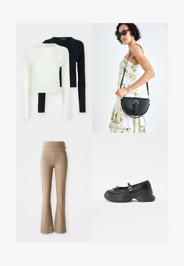 Zwei Langarmoberteile, eines in Weiß und eines in Schwarz. Beide verfügen über runde Ausschnitte und dekorative Reißverschlüsse an der Schulter. Glattes Material.; Beige ausgestellte Leggings aus dehnbarem Material; mit einem breiten, umschlagbaren Taillenbund und subtilen Nahtdetails. Glatte Textur, enganliegendes Design.; Schwarze Leder-Mary-Jane-Schuhe mit einer abgerundeten Zehenpartie, Schleifendetail und verstellbarem Knöchelriemen. Mit einer stabilen Gummisohle mit geschwungenen Akzenten.; Schwarze Lederhandtasche mit geschwungener Form, abnehmbarem Tragegurt und goldenen Beschlägen. Die Tasche verfügt über einen Deckel mit einer Schnallen-Details.