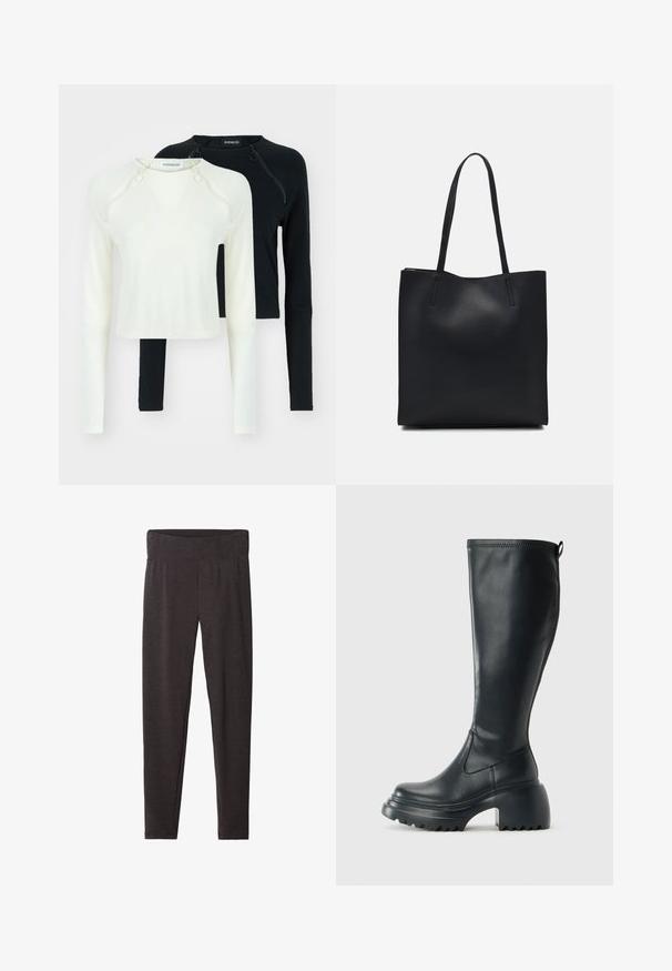 Zwei Langarmoberteile, eines in Weiß und eines in Schwarz. Beide verfügen über runde Ausschnitte und dekorative Reißverschlüsse an der Schulter. Glattes Material.; Schwarze Leggings aus einem weichen, dehnbaren Stoff. Verfügt über einen breiten Bund und eine glatte Textur, die für Komfort und Bewegungsfreiheit sorgt.; Hoher schwarzer Lederstiefel mit einer robusten Plateausohle und Blockabsatz, der über eine Zuglasche und ein strukturiertes Profil an der Außensohle verfügt.; Schwarze Laptoptasche aus Leder mit glatter Textur, rechteckiger Form und zwei langen Griffen. Keine sichtbaren Beschläge oder Verzierungen.