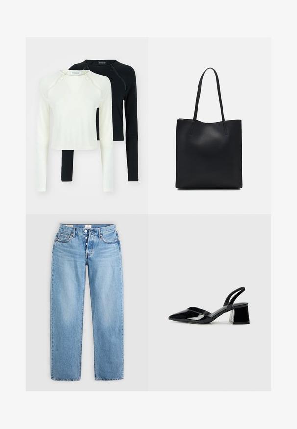 Dvě dlouhé rukávy, jeden bílý a jeden černý. Oba mají kulaté výstřihy a dekorativní zipy na rameni. Hladká látka.; Světle modré džíny s rovný střih, pěti kapsami a knoflíkovým zapínáním. Obsahují prošívané detaily a čistý lem.; Černé lakované kožené lodičky na pásku s špičatou špičkou a geometrickým blokovým podpatkem. Vyznačují se elegantním, minimalistickým designem a hladkým povrchem.; Černá kožená taška přes rameno s hladkým povrchem, obdélníkovým tvarem a dvěma dlouhými uchy. Žádné viditelné kování ani ozdoby.