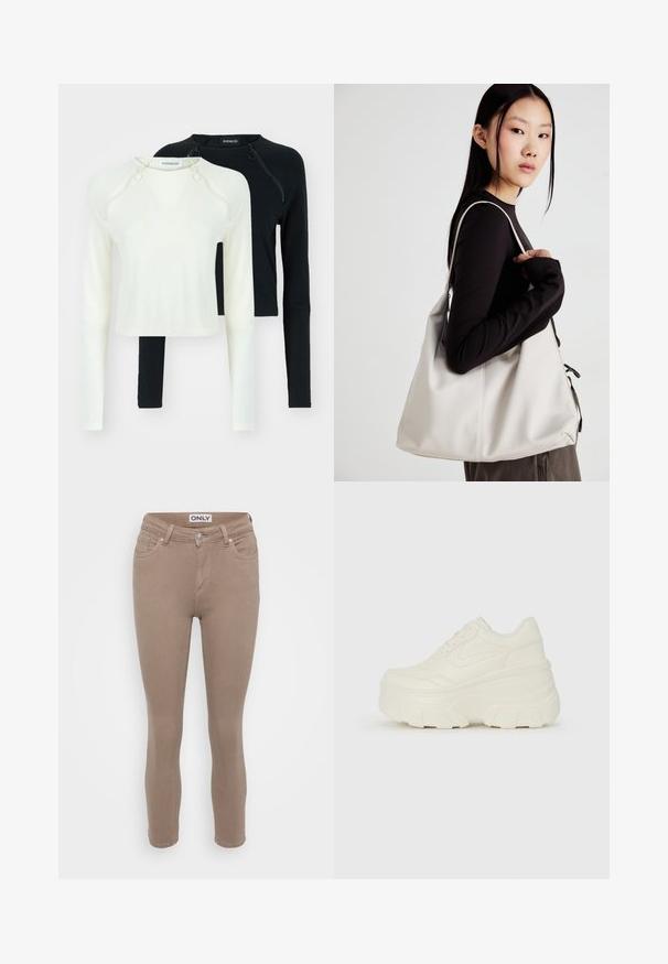 Two long-sleeve tops, one in white and one in black. Both feature round necklines and decorative zippers at the shoulder. Smooth fabric.; Beige skinny jeans made of cotton blend fabric, featuring five-pocket design, belt loops, and a front zip closure. Smooth texture throughout.; White platform sneakers featuring a smooth leather-like upper, rounded shape, padded collar, and textured rubber sole with defined treads.; Beige handbag made of soft material, featuring a slouchy design, stitched detailing, and two shoulder straps. Suitable for everyday use.