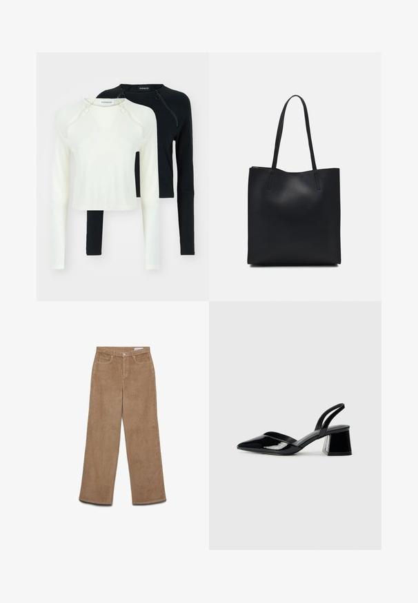 Twee tops met lange mouwen, één in het wit en één in het zwart. Beide hebben ronde halslijnen en decoratieve ritsen op de schouder. Gladde stof.; Corduroy broek met wijde pijpen in bruin. Beschikt over een gestructureerde stof, vijf zakken en een knoopsluiting. Rechte snit van heup tot zoom.; Zwarte gepatineerde leren slingback hakken met een spitse neus en een geometrische blokhak. Kenmerkt zich door een slank, minimalistisch ontwerp en een gladde textuur.; Zwarte leren handtas met een gladde textuur, rechthoekige vorm en twee lange handvaten. Geen zichtbare hardware of versieringen.