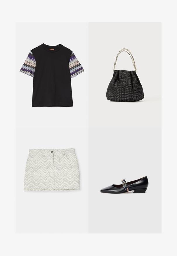 Missoni SHORT SLEEVE - Tricou cu imprimeu - black/blue; Fustă albă cu un model în zigzag gri, dotată cu închidere cu nasturi, două buzunare laterale și o croială dreaptă. Fabricată dintr-un material texturat.; Pantofi cu toc înalt din piele neagră, cu vârf ascuțit, având o curea multicoloră și accesorii de ton auriu. Toc joasă, unghiulară.; Geantă texturată neagră, cu un model în herringbone, design adunat și o mânere din lanț metalic. Materialul moale oferă un aspect elegant.