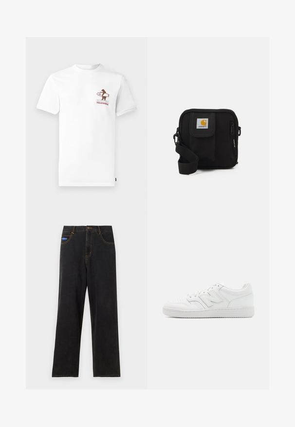 Valkoinen lyhythihainen t-paita pyöreällä kaula-aukolla, jossa on ruskean karhun graafinen kuva vasemmalla rintakehällä tekstin "RIPCURL CALIFORNIA" kanssa.; Mustat denim-housut suorilla lahkeilla, erottuva oranssi tikkaus, viisi taskua ja nappikiinnitys. Sisältää pienen sinisen bränditunnuksen.; Valkoiset tennarit, jotka on valmistettu sileästä nahasta. Niissä on perforoitu varpaat, teksturoitu kumipohja, litteät nauhat ja korostettu 'N' -logo sivussa.; Mustat olkalaukku, jossa on vetoketjullinen pääosasto, etutasku, säädettävä hihna ja näkyvä logo-merkki kannessa.