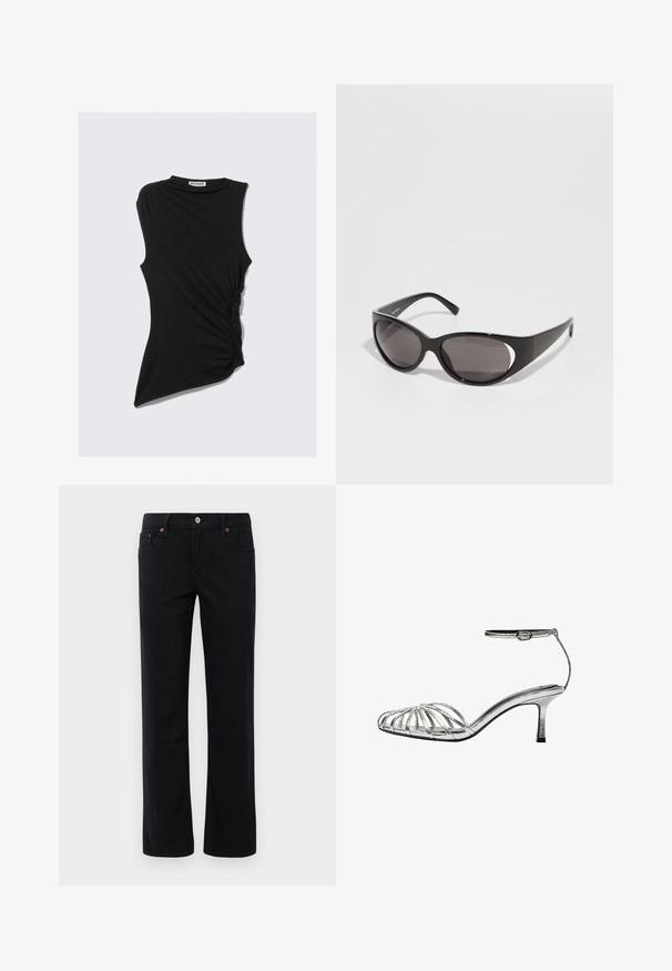 Zwarte mouwloze top met een geplooide zij-inzet en asymmetrische zoom. Gemaakt van zachte, rekbare stof. Ronde halslijn.; Rechthoekige zwarte jeans met voor- en achterzakken, riemlussen, knoopsluiting en koperen klinknagel details.; Zilveren, strapless sandaal met een lage hak, voorzien van meerdere kruislings straps, een enkelbandje met een gesp en een gladde, glanzende textuur.; Zwarte zonnebril met ovale lenzen en een slank ontwerp. Het montuur is glanzend en breed, met een uitsnijding aan de zijkanten.; Zilveren metallic handtas met een slank, gestructureerd ontwerp, voorzien van een textuur-holte, een schouderband en een reliëflogo-accent.