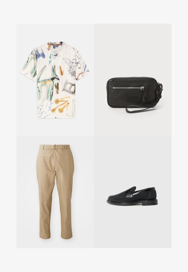 Kortermet hvit t-skjorte med fargerike dyre- og abstrakte design. Laget av mykt stoff med klassisk rund hals.; Beige chinos i en glatt bomullsblandning, med smal passform, slät front, bältesöglor och en enkel silverspänne i minimalistisk design.; Sorte vevde slip-on sko med en glatt lærdetalj på overdelen, design med rund tå og en lavprofil gummisåle.; Svart lær clutch med teksturert overflate, frontlomme med glidelås og avtakbar håndleddsreim. Har en logo-patch på fronten. rektangulær form.