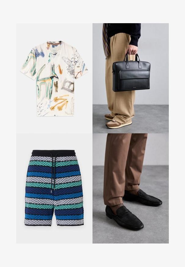 Lyhythihainen valkoinen t-paita, jossa on värikkäitä eläin- ja abstrakteja kuvioita. Valmistettu pehmeästä kankaasta ja jossa on klassinen pyöreä pääntie.; Moniväriset shortsit, joissa on viivamainen kuvio laivastonsinisessä, sinisessä, vihreässä ja harmaassa värissä. Vyötäröllä on musta kuminauha ja naru.; Mustat loafers, joissa on teksturoitu kuvio, pyöreä kärki ja matala profiili. Yhdistetty vaaleanruskeisiin housuihin harmaalla pinnalla.; Musta nahkainen salkku, jossa on kaksi yläkahvaa, etupuolelle sijoitettu vetoketjupussi ja sileä pinta. Yksinkertainen muotoilu, jossa on hillitty brändityyli.