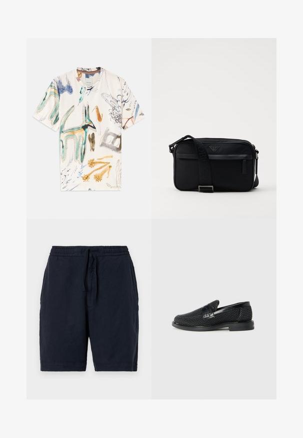 Lyhythihainen valkoinen t-paita, jossa on värikkäitä eläin- ja abstrakteja kuvioita. Valmistettu pehmeästä kankaasta ja jossa on klassinen pyöreä pääntie.; Lauran meripihkashortsit, joissa on joustava vyötärö ja nauha, rento istuvuus ja hieman teksturoitu pinta.; Musta kudottu liukupohjallinen kenka, jossa on sileä nahkakorostus päällisessä, pyöreä kärki ja matala kumipohja.; Musta nailoninen olkalaukku, jossa on kontrastivärinen hihna, tyylikkään suorakulmainen muoto, logotieto ja vetoketjullinen tasku edessä.