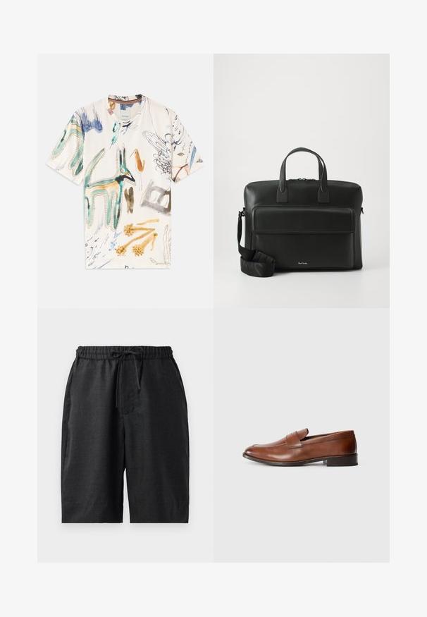 Short-sleeve white t-shirt featuring colorful animal and abstract designs. Made of soft fabric with a classic crew neckline.; Black, knee-length shorts with an elastic waistband and drawstring. Smooth texture with two side pockets, simple design, and no visible patterns.; Brown leather loafers with a rounded toe, minimal stitching, and a low block heel. Features a decorative strap across the vamp.; Black leather briefcase with dual top handles, a front pocket, and a detachable strap, featuring subtle branding at the bottom.