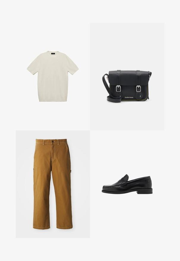 Korte mouwen crème T-shirt van zachte stof, met een ronde halslijn en een rechte snit, zonder zichtbare patronen of accenten.; Bruine katoenen broek met een rechte snit, versterkte stiksels en zijzakken. Beschikt over een knoopsluiting en riemlussen in de taille.; Zwarte leren instappers met een gladde afwerking, gestikte details op de neus en een lage hakontwerp voor comfort en stijl.; Zwarte leren schoudertas met een klep, twee zilveren sluitingen, gele stiksels en een verstelbare schouderband. Beschikt over een gladde textuur en een compact ontwerp.
