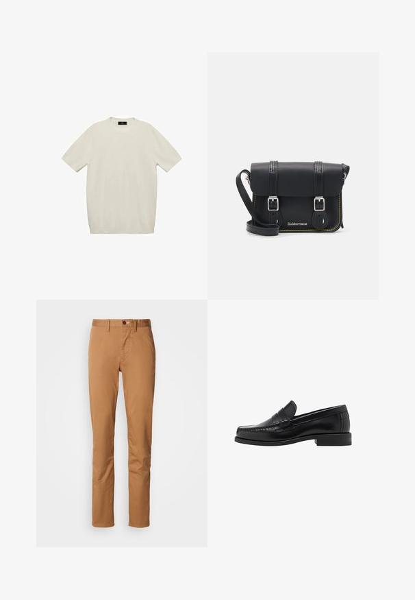 Kurze Ärmel, cremefarbenes T-Shirt aus weichem Stoff, mit rundem Halsausschnitt und geradem Schnitt, ohne sichtbare Muster oder Akzente.; Slim-Fit Khaki-Hosen mit Knopf- und Reißverschluss, Gürtelschlaufen und seitlichen Taschen vor einem weißen Hintergrund.; Schwarze Lederloafer mit glatter Oberfläche, genähten Details an der Zehe und einem flachen Absatzdesign für Komfort und Stil.; Schwarze Leder-Crossbody-Tasche mit Klappe, zwei silbernen Schnallen, gelben Nähten und einem verstellbaren Tragegurt. Hat eine glatte Textur und ein kompaktes Design.