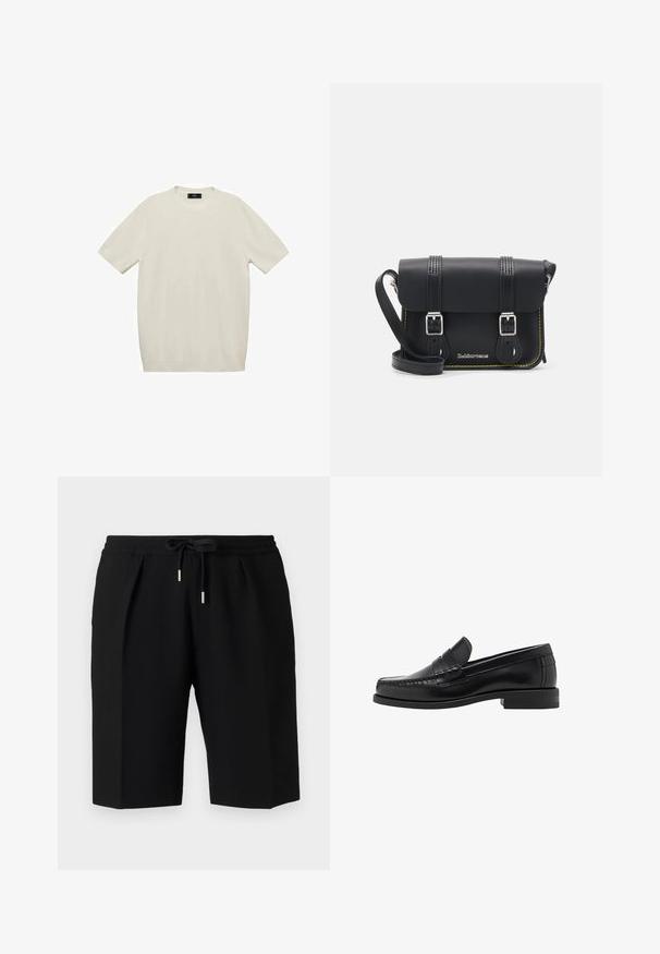 Short-sleeved cream T-shirt made of soft fabric, featuring a crew neckline and a straight cut, with no visible patterns or accents.; Black shorts made of soft fabric, featuring an elastic waistband with a drawstring, pleated front, and a knee-length cut.; Black leather loafers with a smooth finish, stitched detailing on the toe, and a low heel design for comfort and style.; Black leather crossbody bag with a flap, two silver buckles, yellow stitching, and an adjustable strap. Features a smooth texture and compact design.