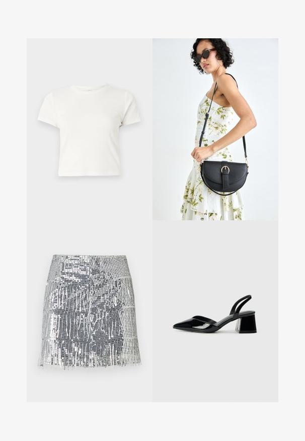 Tricou scurt, alb, din bumbac, cu mâneci scurte, decolteu rotund și margine dreaptă, având o textură netedă și un design minim.; Fustă mini cu paiete argintii, cu detalii de franjuri. Fabricată dintr-un material lucios, prezintă o talie ajustată și modelări orizontale în straturi.; Pantofi cu toc slingback din piele lacuită neagră, cu vârf ascuțit și toc geometric. Prezintă un design elegant, minimalist și o textură netedă.; Geantă din piele neagră, cu o formă curbată, curea detașabilă și accesorii aurii. Geanta are un capac cu un detaliu tip cataramă.