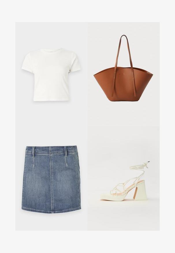Trumpa balta medvilnės marškinėliai su trumpomis rankovėmis, apvaliu kaklu ir tiesiu hemu, pasižyminti lygiu tekstūriu ir minimaliu dizainu.; Šviesiai mėlyna džinsinė mini sijonas su klasikinio kirpimo. Turi priekines kišenes ir diržo kilpas, tiesią apdailą ir subtilų išblukimą.; Balti aukštakulniai sandalai su masyviu kulnu, su dirželių dizainu ir kulkšnies raiščiu. Lygi tekstūra su platforma priekyje, suteikianti papildomą aukštį.; Ruda odinė rankinė su plačia, struktūrizuota forma, plonomis rankenomis ir tekstūruotu paviršiu. Pasižymi minimalistišku dizainu be matomų detalių.