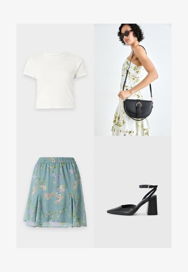 Krátke biele tričko vyrobené z bavlny s krátkymi rukávmi, okrúhlym výstrihom a rovnými okrajmi, s hladkou textúrou a minimálnym dizajnom.; Prúdky, svetlomodrý sukňa so kvetinovým vzorom v odtieňoch fialovej, oranžovej a zelenej; elastický pás; bočné rozparky na leme.; Čierne kožené lodičky s špicatou špičkou a členkovým remienkom, s masívnym podpätkom. Hladký povrch, elegantný dizajn a minimalistická estetika.; Čierna kožená kabelka s zaobleným tvarom, odnímateľným popruhom a zlatými doplnkami. Kabelka má klopu s detailom s prackou.