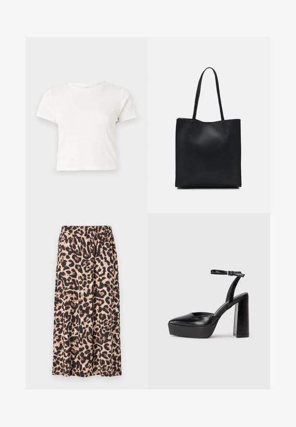 Camiseta corta blanca de algodón con mangas cortas, cuello redondo y dobladillo recto, con una textura suave y un diseño minimalista.; Falda de estampado de leopardo en beige y negro, hecha de tejido ligero. Presenta una cintura elástica y un diseño fluido en A.; Zapatos de tacón negro con punta afilada y correa ajustable en el tobillo. Confeccionados en cuero suave, presentan un tacón grueso.; Bolso tote de cuero negro con textura lisa, forma rectangular y dos asas largas. Sin herrajes ni adornos visibles.