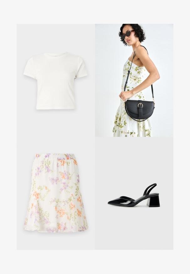 Īsa balta T-kreklā izgatavots no kokvilnas ar īsām piedurknēm, apaļu kakla izgriezumu un taisnu apakšu, piedāvā gludu tekstūru un minimālistisku dizainu.; Ziedu svārki vieglā, caurspīdīgā audumā; ar elastīgu jostasvietu, ar apdrukām, kas satur oranžus, violetus un zaļus ziedus uz krējuma fona.; Melna lakota āda ar atvērto papēdi, ar smailu purngalu un ģeometrisku blokpapēdi. Iezīmējas elegants, minimāls dizains un gluda tekstūra.; Melnas ādas rokassoma ar izliekta formu, noņemamu siksnu un zelta aksesuāriem. Somai ir vāciņš ar sprādzes detaļu.