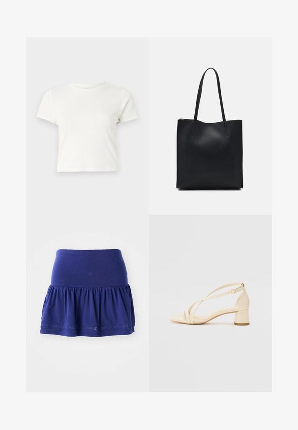 Kratka bela majica iz bombaža s kratkimi rokavi, okroglim ovratnikom in ravnim robom, ki ima gladko teksturo in minimalističen dizajn.; Mornarsko modra jersija krilo z nabranim dnom, elastičnim pasom in okrasnim vezenim ob robu. Mehka, lahka tkanina.; Beige sandale s peto na blok, z zapletenim dizajnom in prilagodljivim gležnjenjcem, izdelane iz gladkega sintetičnega materiala z mat površino.; Črna usnjena torba s svilnato teksturo, pravokotne oblike in dvema dolgima ročajema. Brez vidnih metalnih delov ali okrasnih elementov.