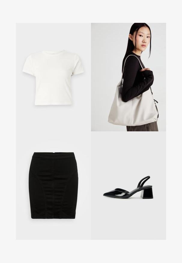 Trumpa balta medvilnės marškinėliai su trumpomis rankovėmis, apvaliu kaklu ir tiesiu hemu, pasižyminti lygiu tekstūriu ir minimaliu dizainu.; Juodas džinsinis pieštuko sijonas su prigludusia forma, turintis vertikalių siūlių detales ir vidutinio aukščio juosmenį, suteikiantį išlenktą siluetą.; Juodos lakuotos odinės šlepetės su smailiu pirštu ir geometriniu bloko kulnu. Turi elegantišką, minimalistinį dizainą ir lygų paviršių.; Bežinė rankinė, pagaminta iš minkštos medžiagos, turinti laisvą dizainą, siuvinėtas detalės ir dvi petnešos. Tinkama kasdieniam naudojimui.