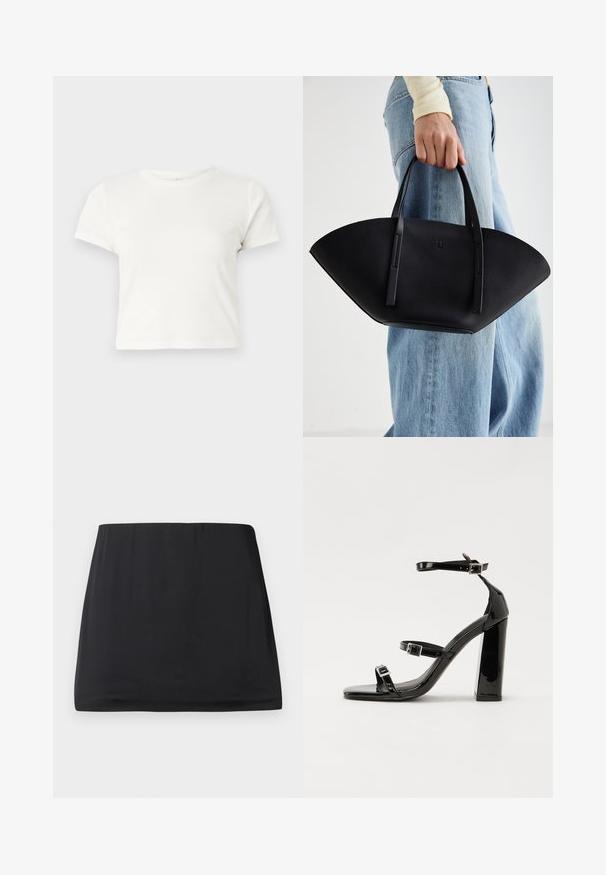 T-shirt blanc court en coton avec des manches courtes, un col rond et un ourlet droit, présentant une texture lisse et un design minimal.; Mini-jupe noire en tissu lisse et extensible. Elle présente une taille élastique et un design simple et épuré. Pas de motifs ni d'ornements.; Sandales à talons vernies noires avec un bout carré, des sangles autour de la cheville et des boucles en argent. Dotées d'un talon bloc épais pour plus de stabilité.; Sac à main en cuir noir avec une forme de éventail unique, doté de poignées plates. La surface présente une texture granuleuse et un design minimaliste.