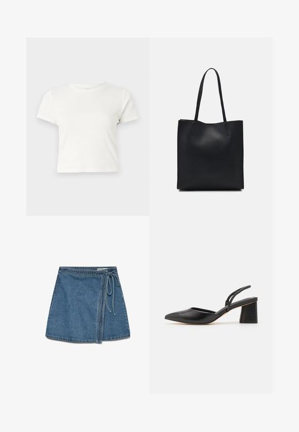 Rövid, fehér, pamut póló, rövid ujjakkal, kerek kivágással és egyenes szegéllyel, sima textúrával és letisztult dizájnnal.; Világoskék farmer rakott szoknya, derékra köthető, egyenes szabású és sima tapintású. Nincsenek látható minták vagy díszítések.; Fekete, hegyes orrú, hátul pántos cipő, sima bőrből készült, alacsony blokktalpú és vékony pántokkal a hátulján a biztos illeszkedés érdekében.; Fekete bőrtáska sima felszínnel, téglalap alakú, két hosszú füllel. Nincs látható fémkiegészítő vagy díszítés.