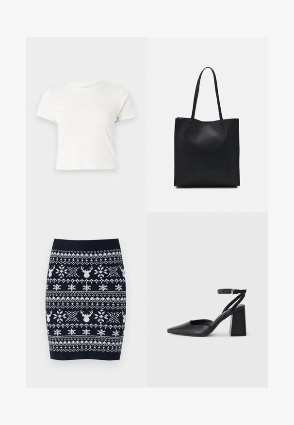 Krátke biele tričko vyrobené z bavlny s krátkymi rukávmi, okrúhlym výstrihom a rovnými okrajmi, s hladkou textúrou a minimálnym dizajnom.; Pletená ceruzková sukňa s námorníckym modrým pozadím, na ktorom sú biele soby, snehové vločky a geometrické vzory v štruktúrovanej látke.; Čierne kožené lodičky s špicatou špičkou a členkovým remienkom, s masívnym podpätkom. Hladký povrch, elegantný dizajn a minimalistická estetika.; Čierna kožená taška na rameno s hladkým povrchom, obdĺžnikovým tvarom a dvoma dlhými uchami. Bez viditeľného kovania alebo ozdôb.